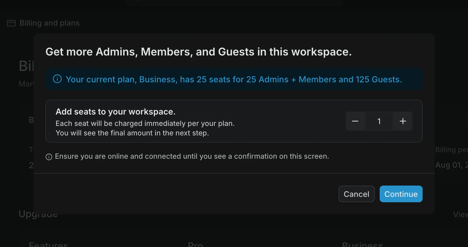Add seats modal showing the current plan's seat allowance and a seat counter