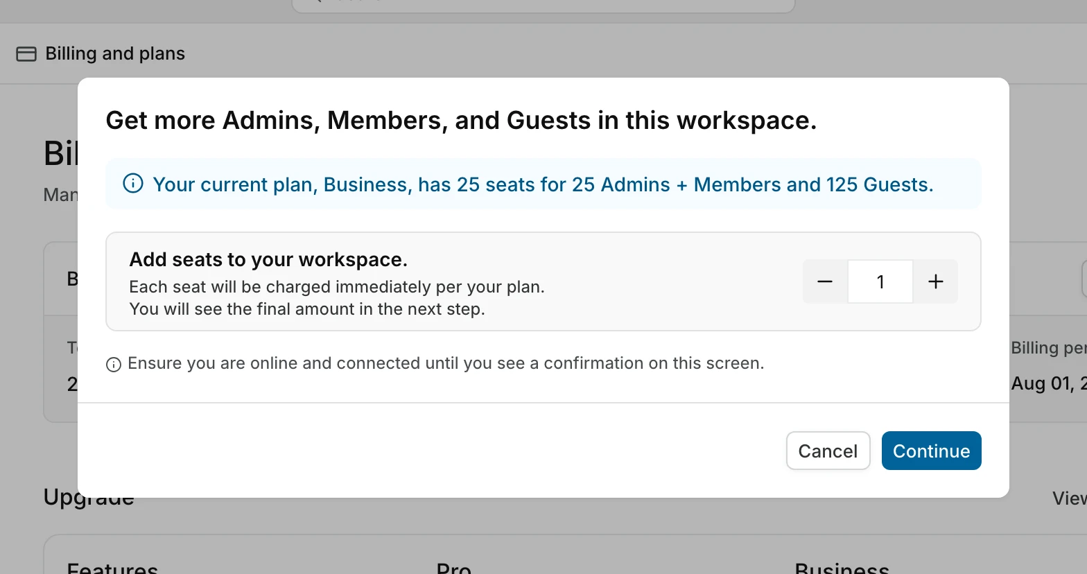 Add seats modal showing the current plan's seat allowance and a seat counter