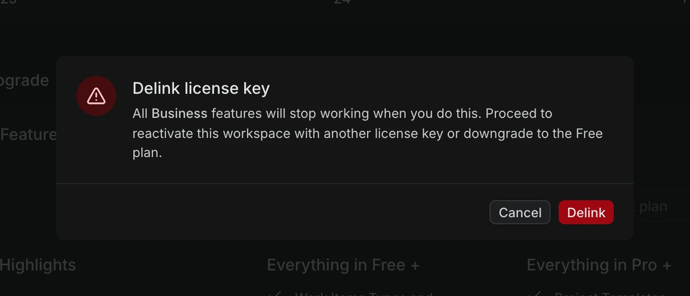 Delink license key confirmation