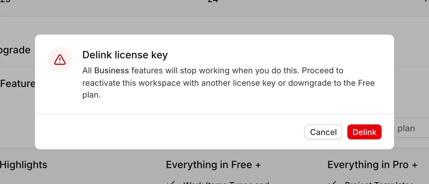 Delink license key confirmation