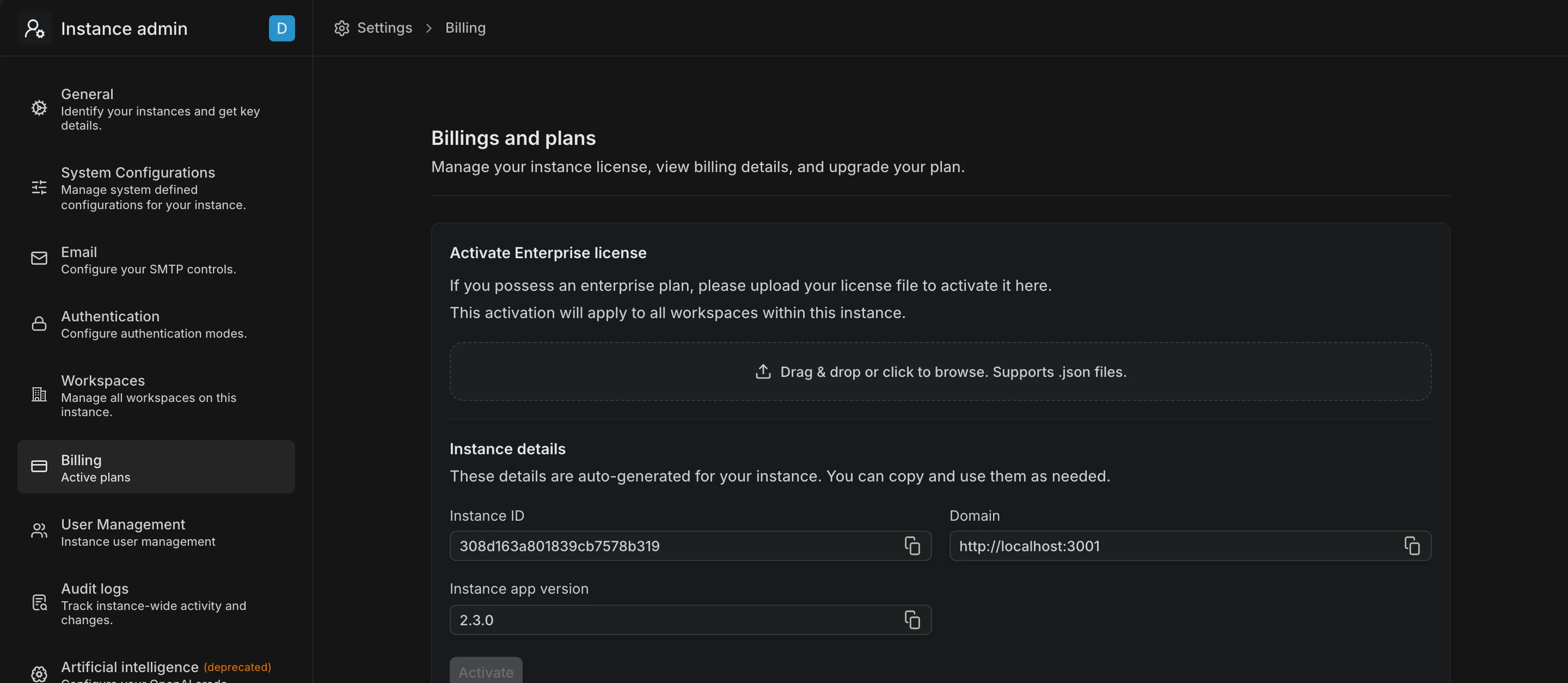 Billing in God mode on an airgappedinstance, with the license file upload area and instance details