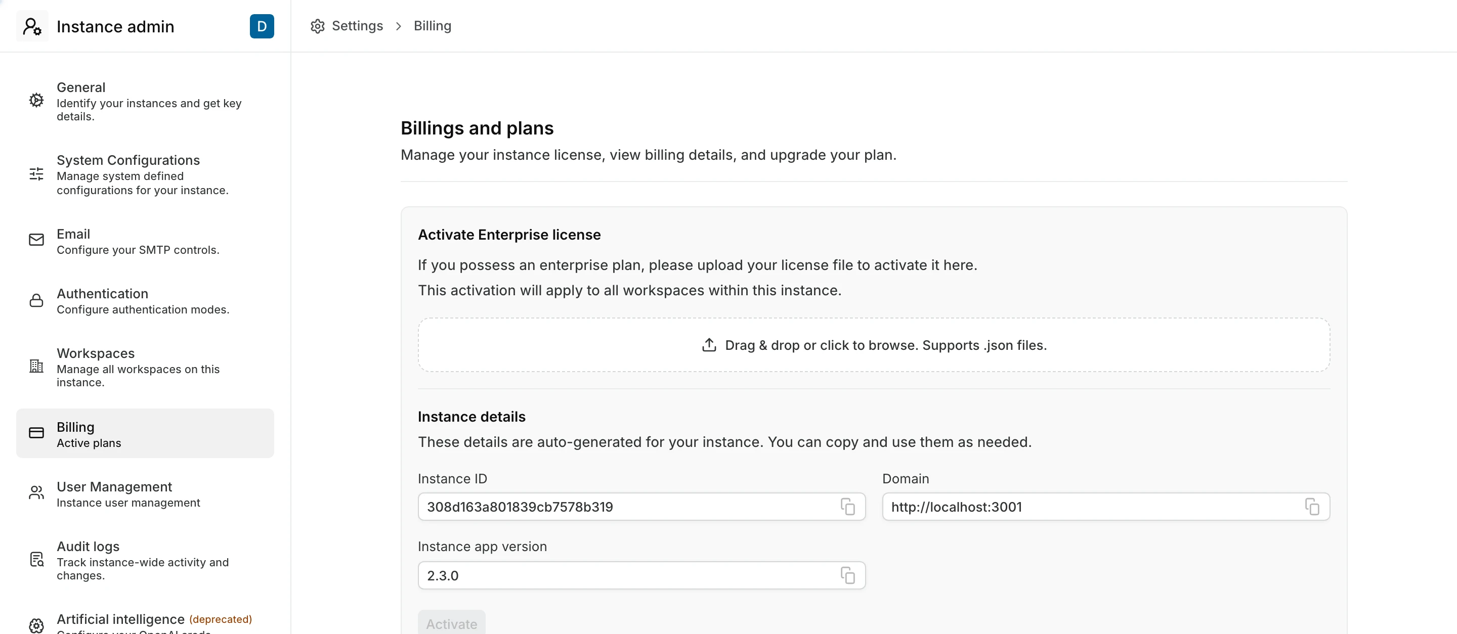 Billing in God mode on an airgappedinstance, with the license file upload area and instance details