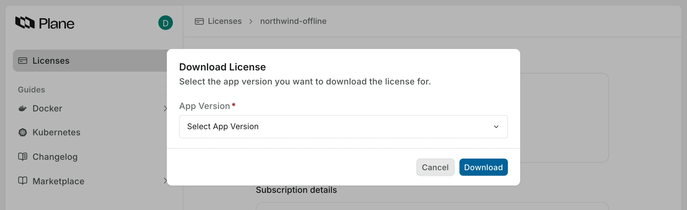 Selecting an app version to download a license file for