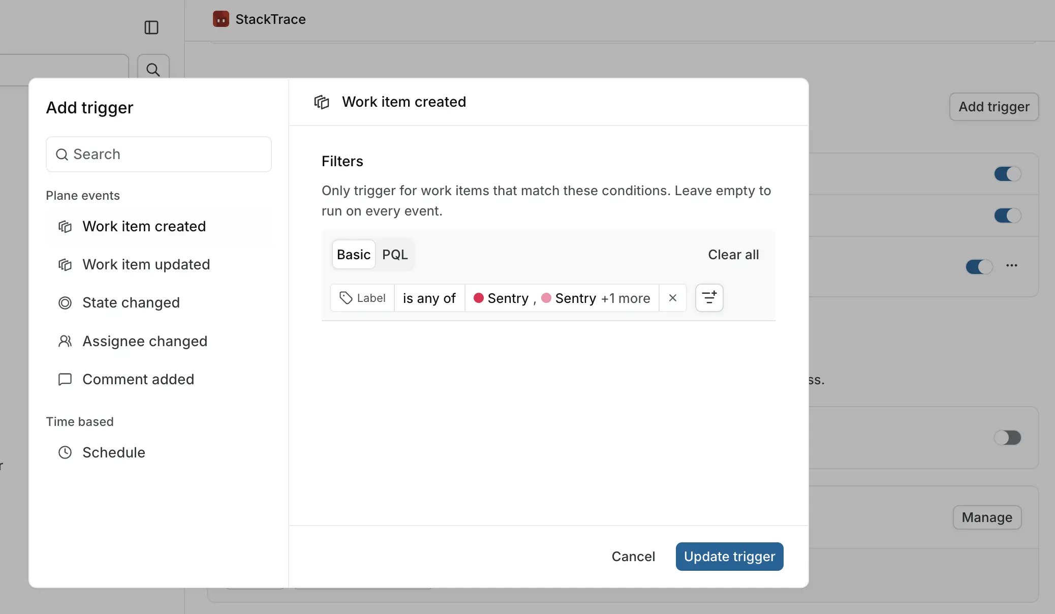 The Add trigger modal showing Plane events and Time based groups