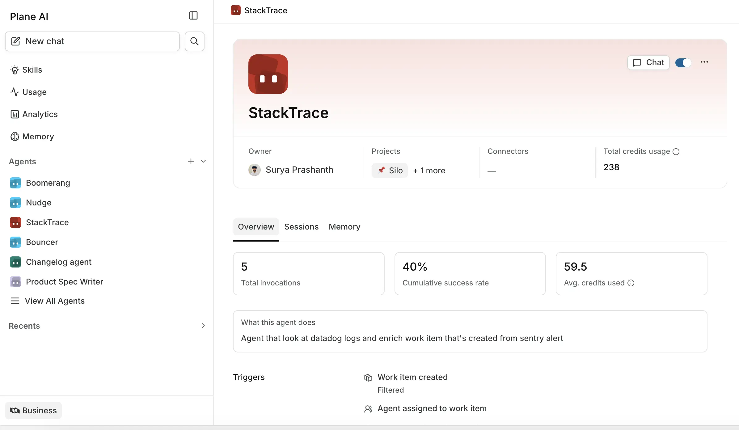 The Triage Agent detail page with its stats and configuration