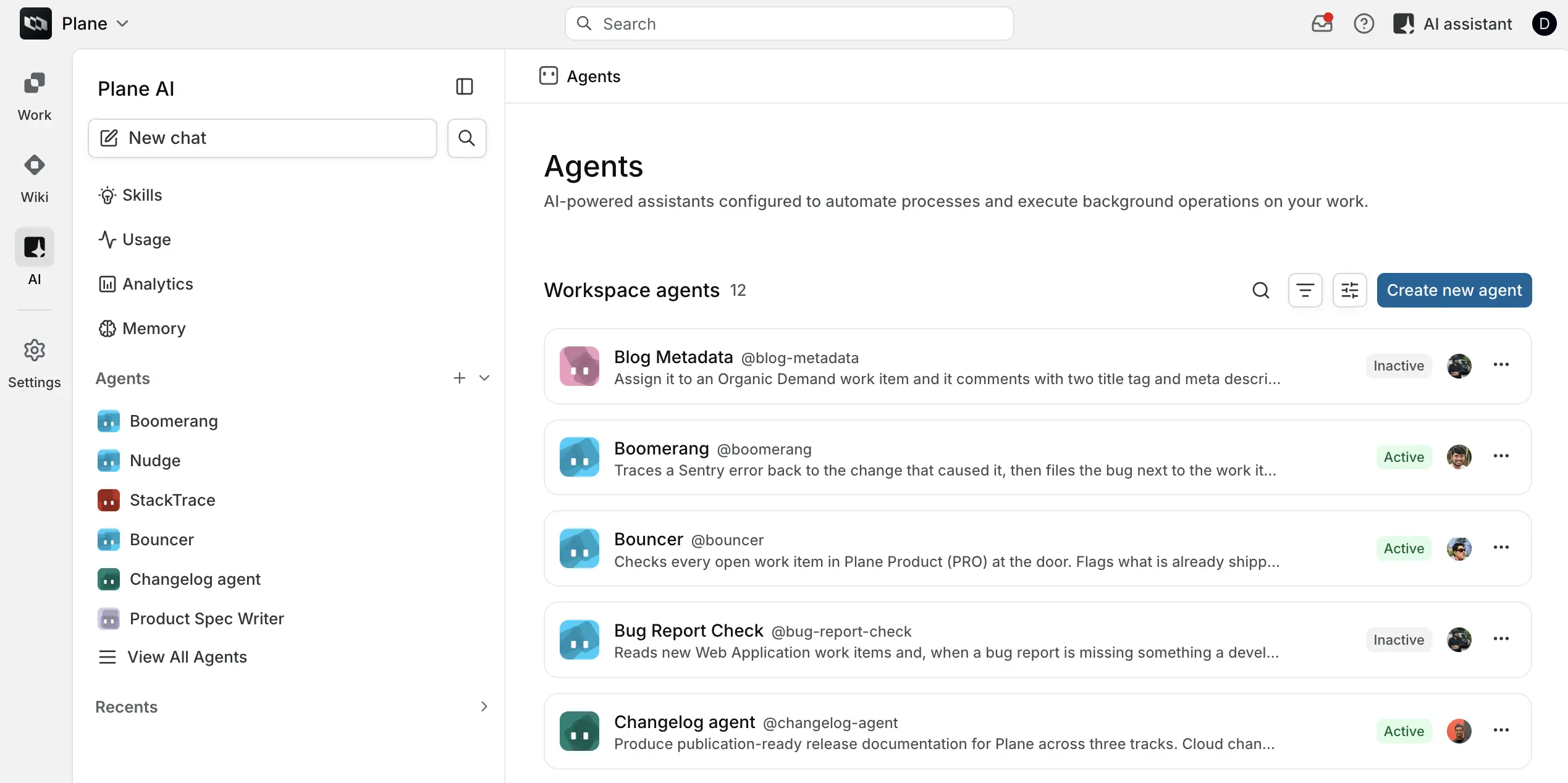 The Agents page listing six configured agents