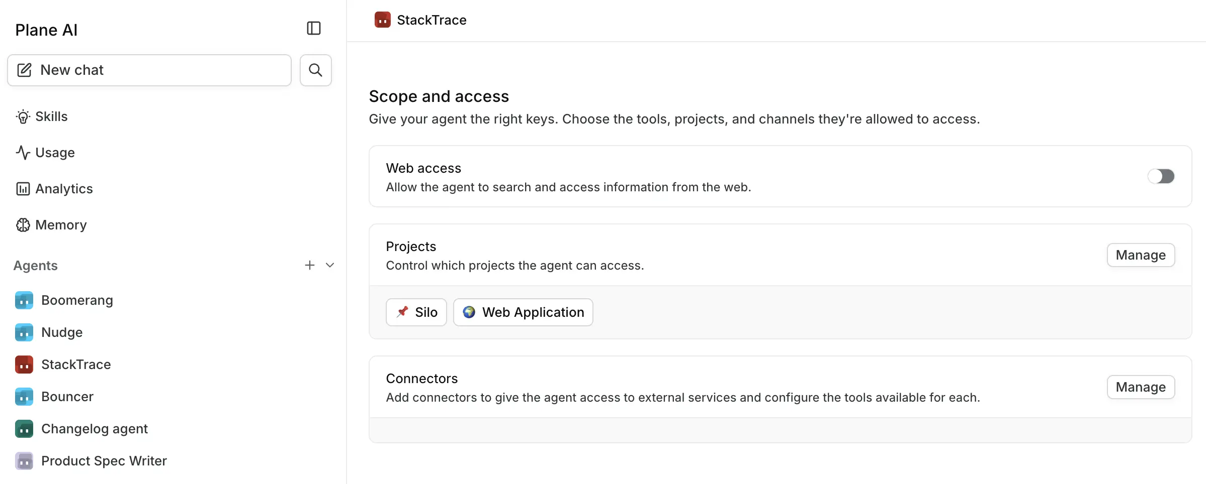 The Scope and access section with web access, project, and connector rows
