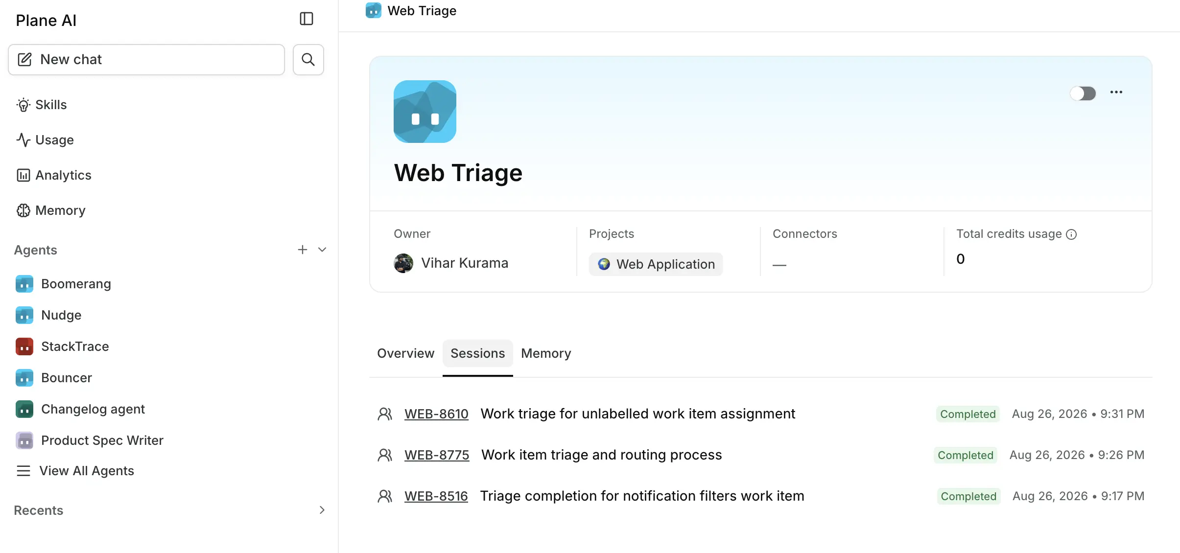 The Sessions tab on an agent's detail page listing a completed session