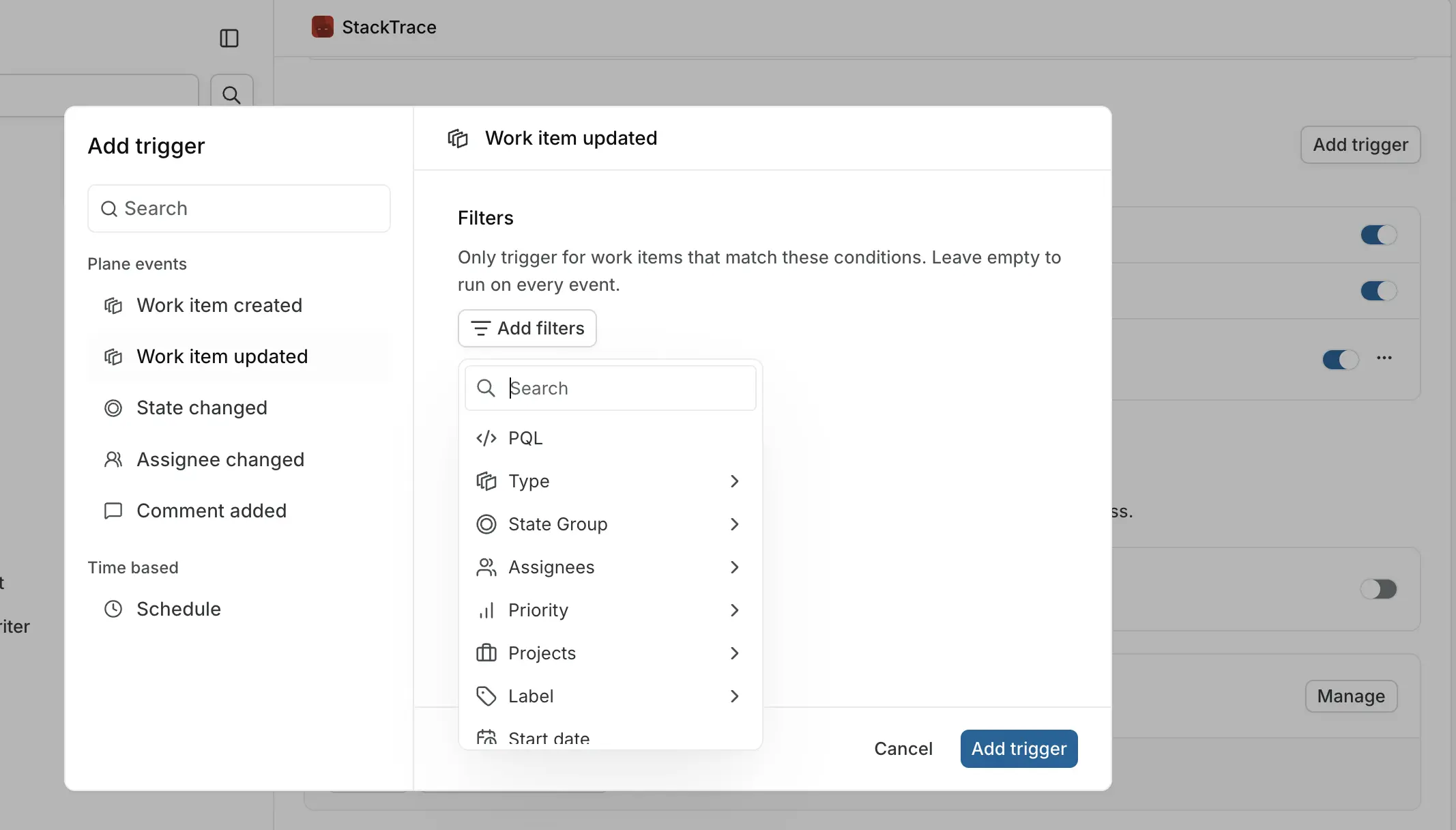 The filter builder with a Projects filter set to one project