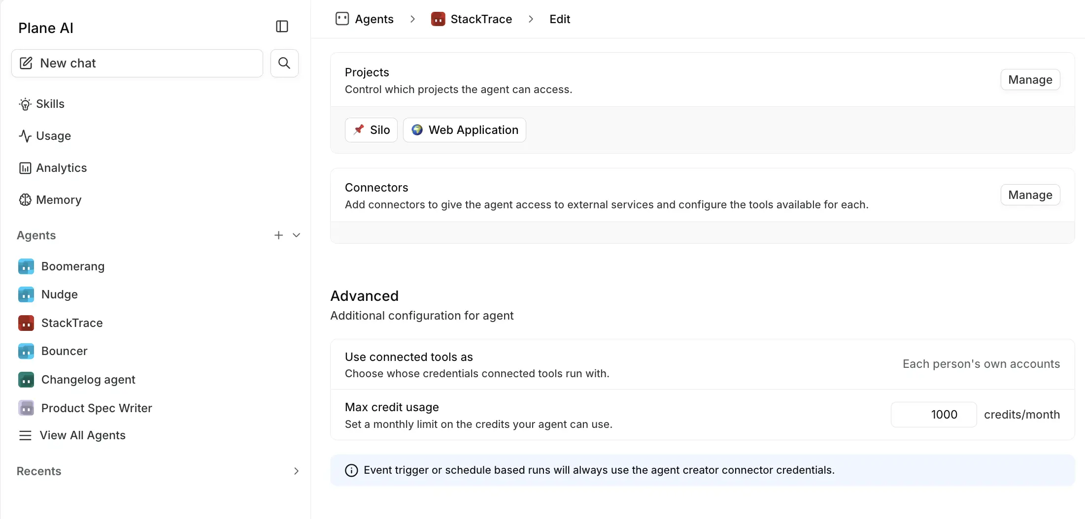 The Advanced section of the agent form, with the Max credit usage field