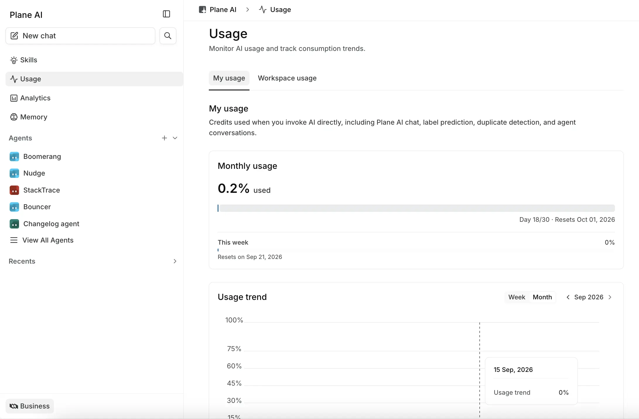 Personal usage on Plane Cloud, showing the monthly meter and the reset date