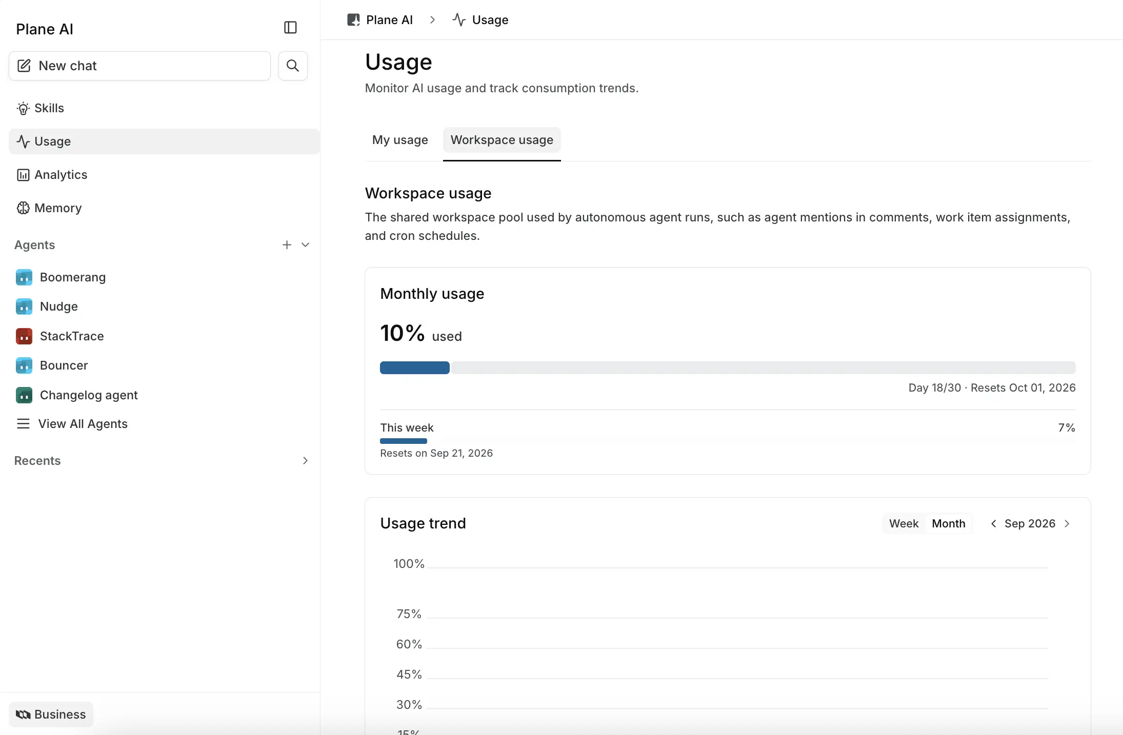 The Workspace view of the Usage screen