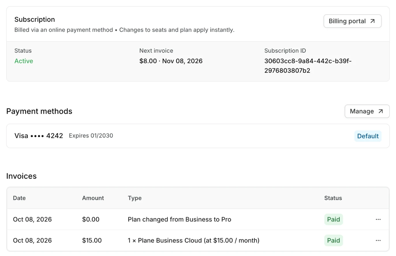 Subscription, payment methods, and invoices