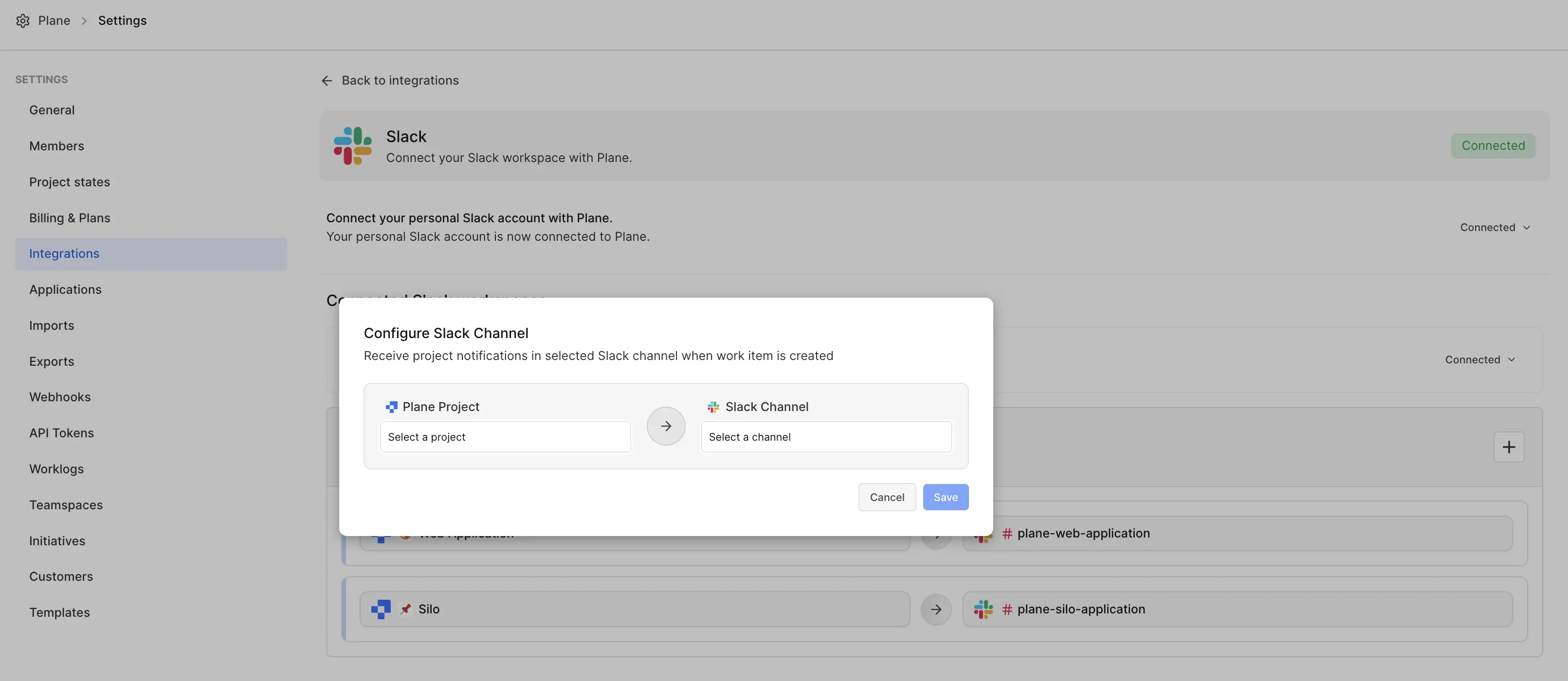 Connect project to Slack channel