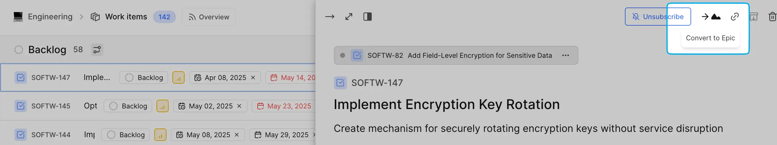 convert work item to epic