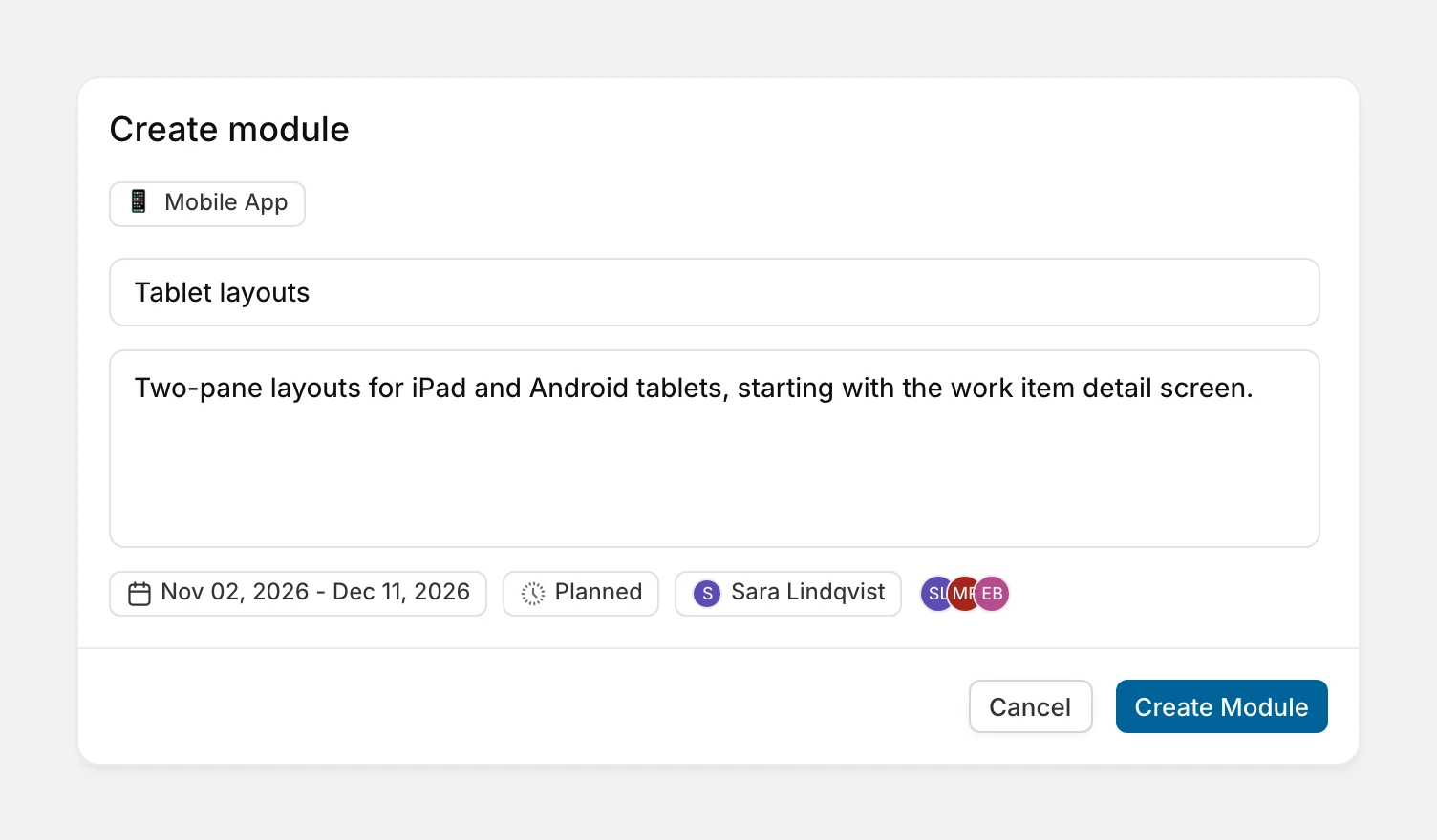 Create module dialog with a title, a description, dates, the Planned state, a lead, and members