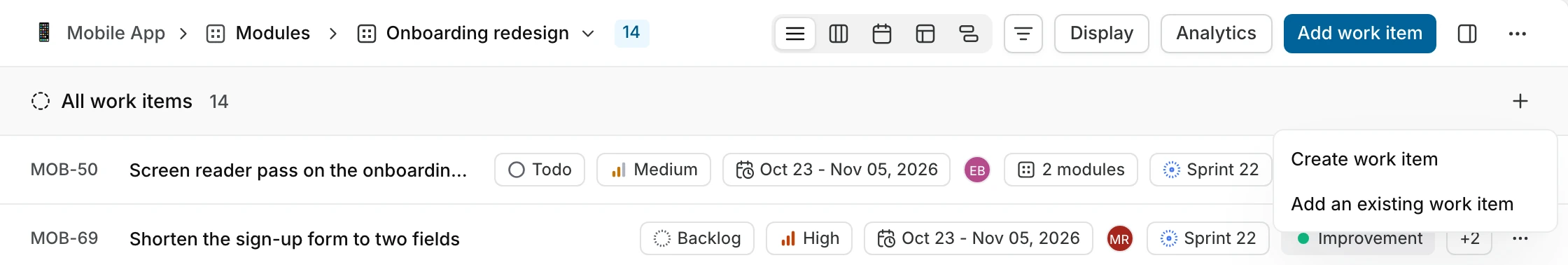 The + menu on a module's work item list with Create work item and Add an existing work item