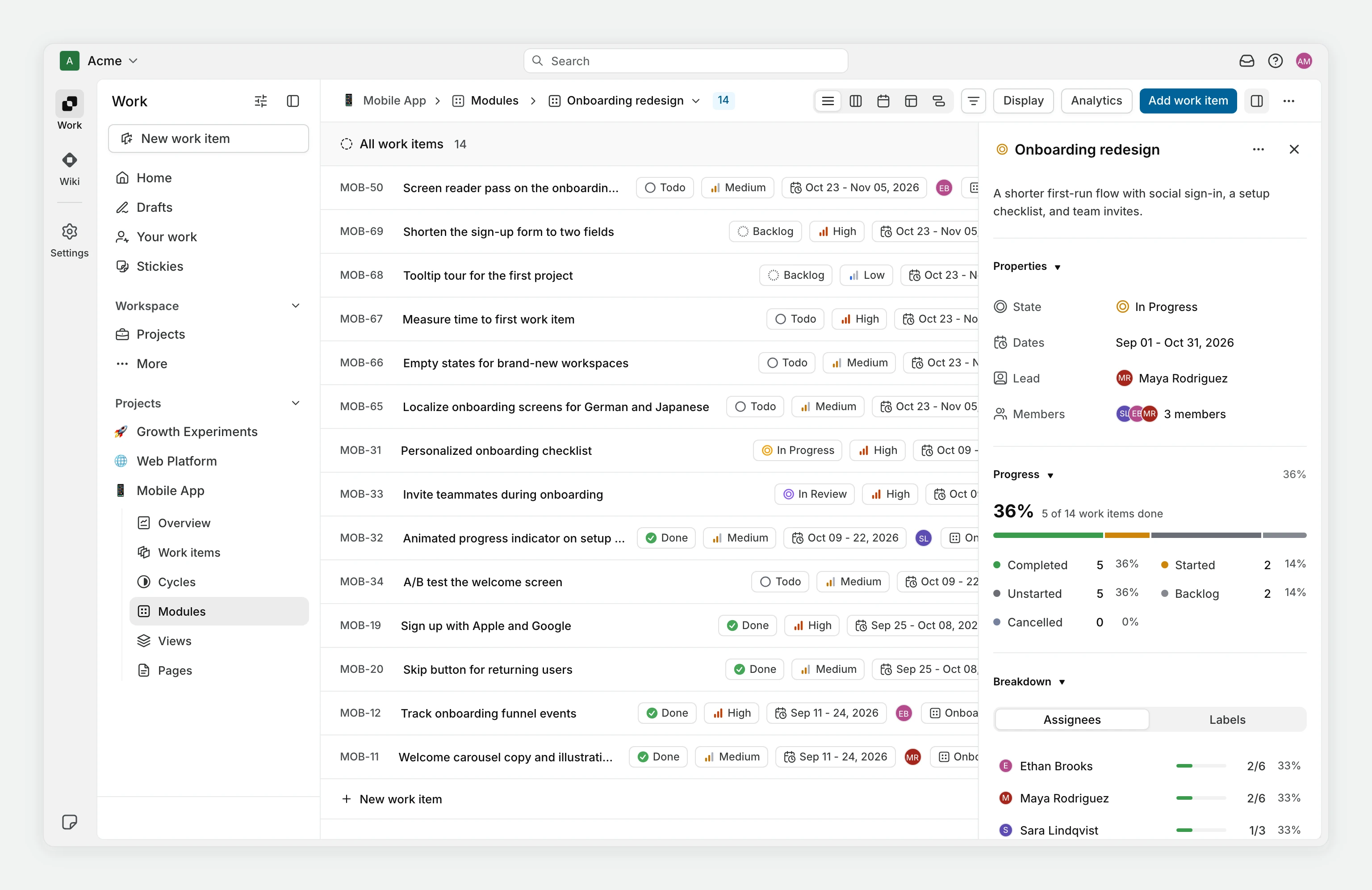 The Onboarding redesign module in Plane, with its work items next to the module's lead, members, dates, and progress