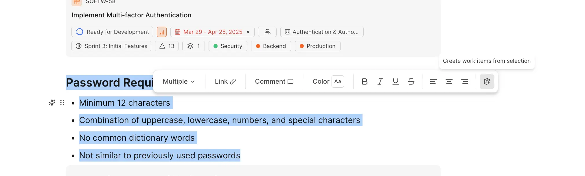 Convert selected text to work items