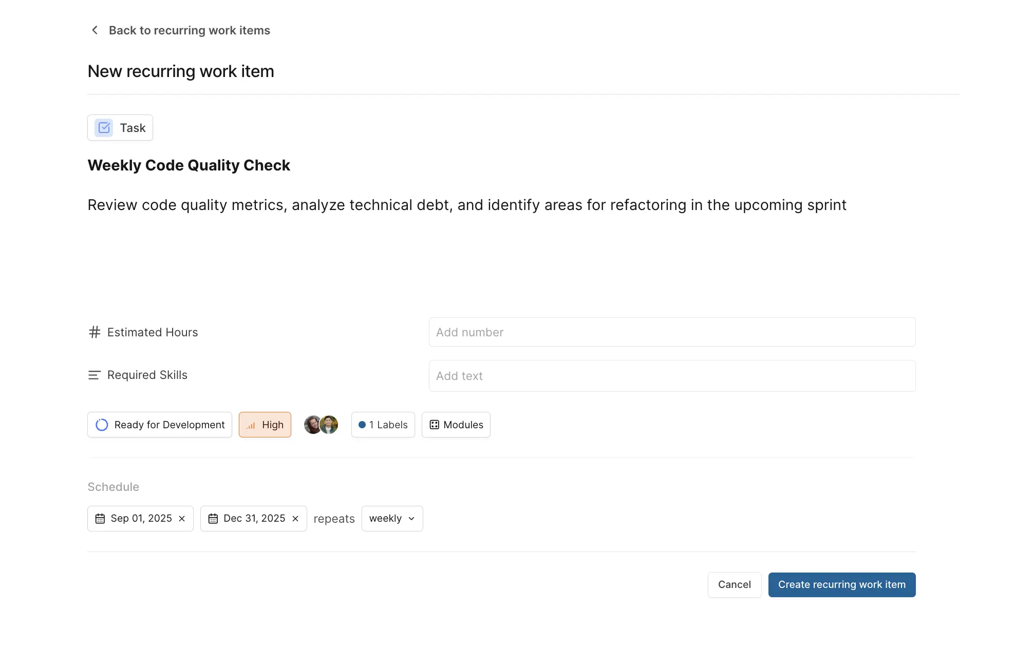Create recurring work items