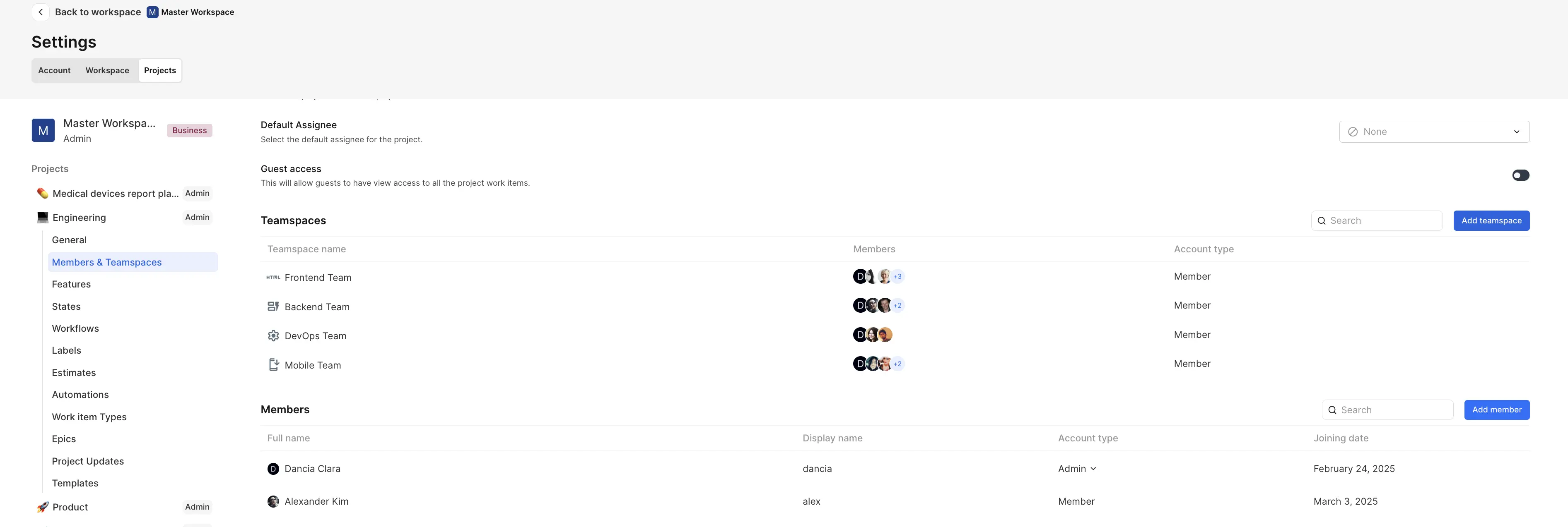 Project members and teamspaces
