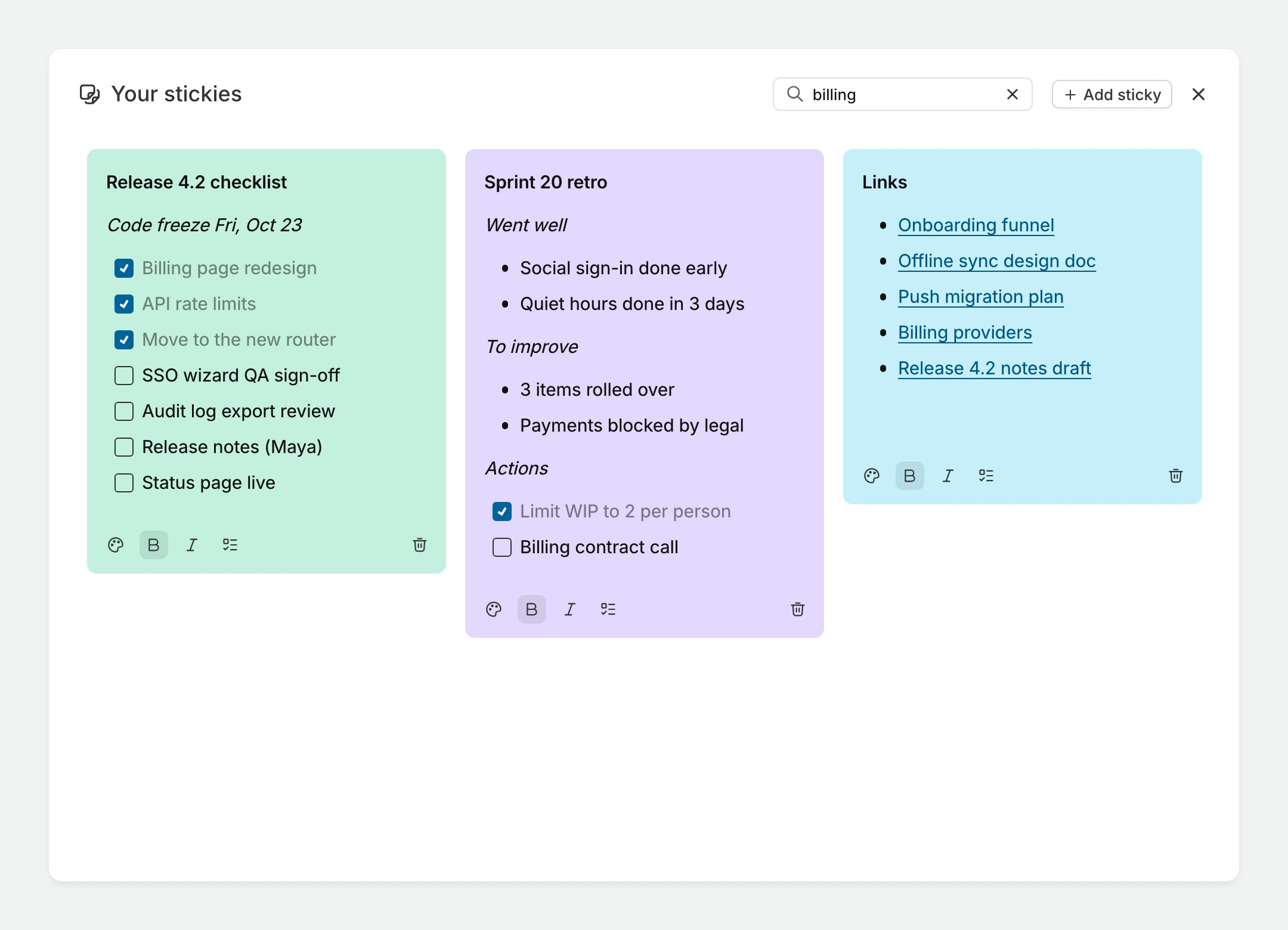 Your stickies dialog with a search for billing, showing the three notes that mention it in their text