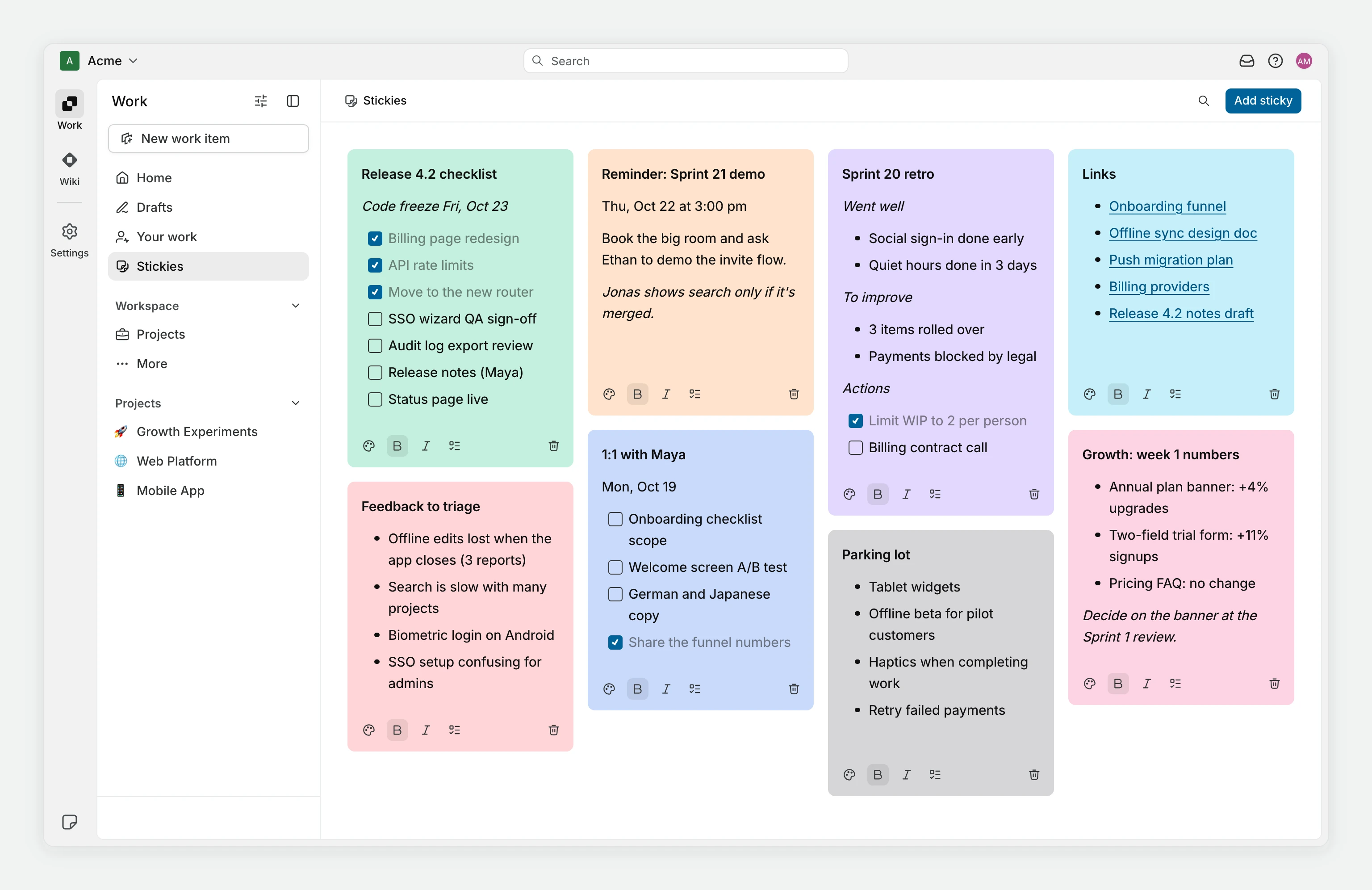 The Stickies page with eight notes in different colors, among them a release checklist with to-dos, a sprint retro, a list of links, and a 1:1 agenda, next to the app rail and the workspace sidebar