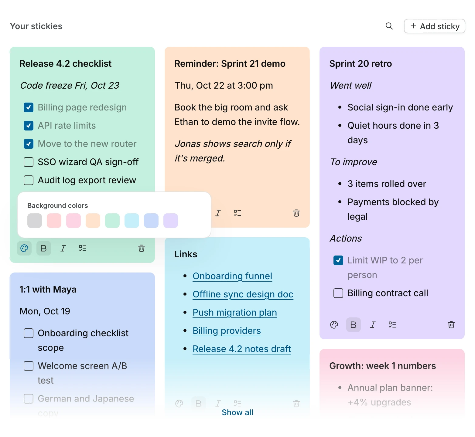 Your stickies on Home with the Background color palette open above a note's toolbar, showing eight colors, and notes that use bold, italic, bullets, and to-do lists