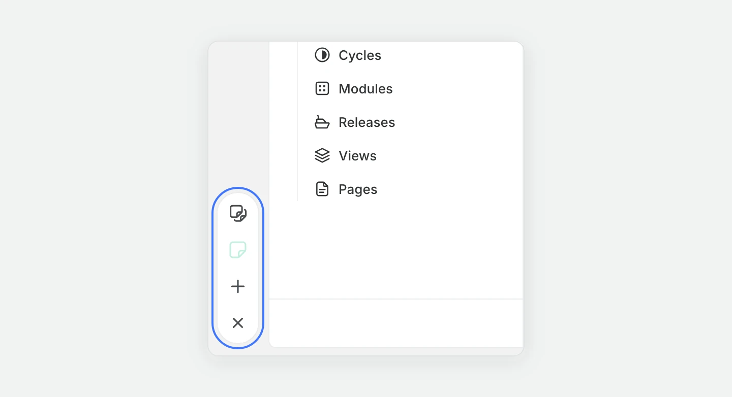 The sticky note icon at the bottom of the app rail, expanded to show All stickies, the most recent sticky, and Add sticky above the close button