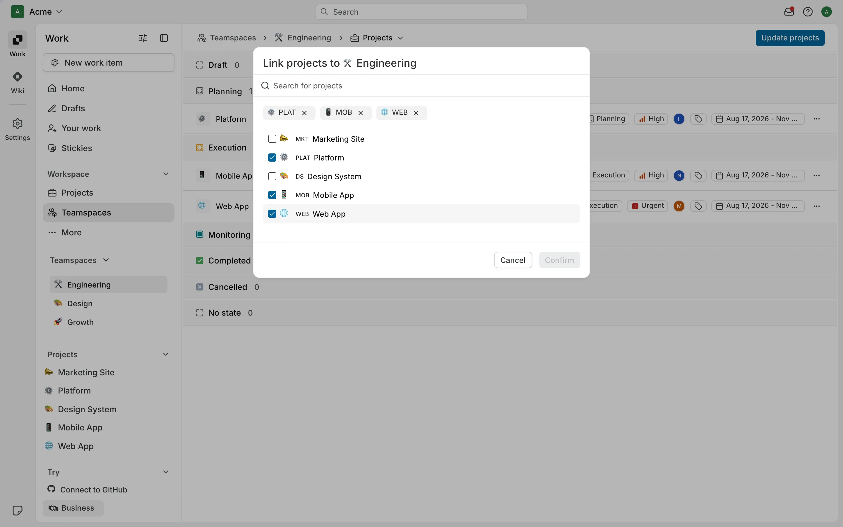 Link projects to a teamspace