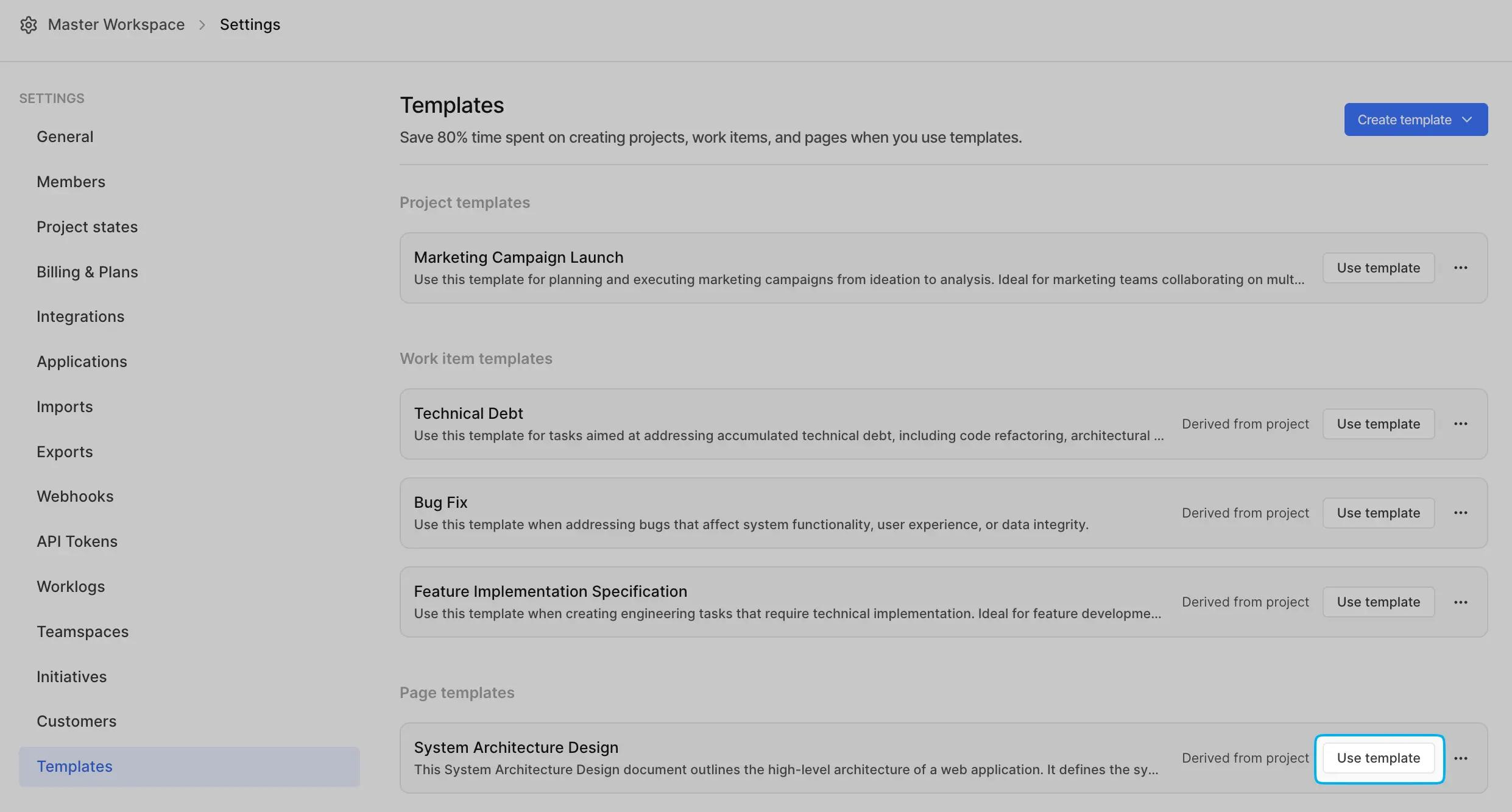 Use template in settings
