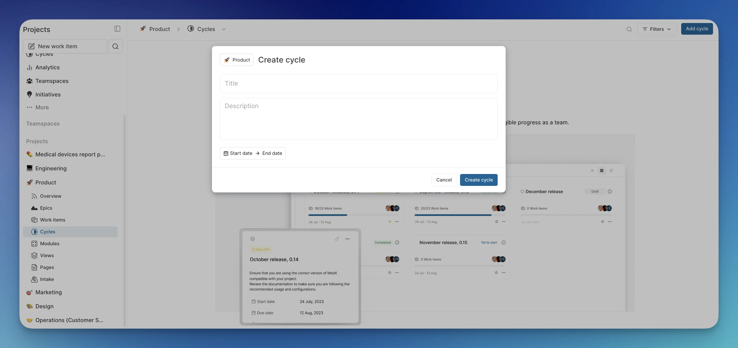 Create cycle dialog