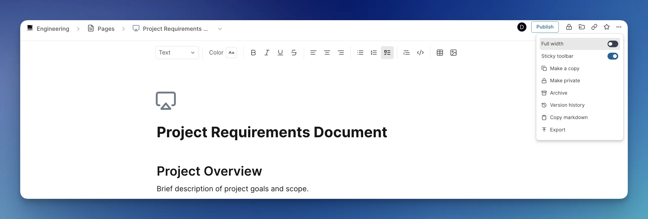 Page settings menu
