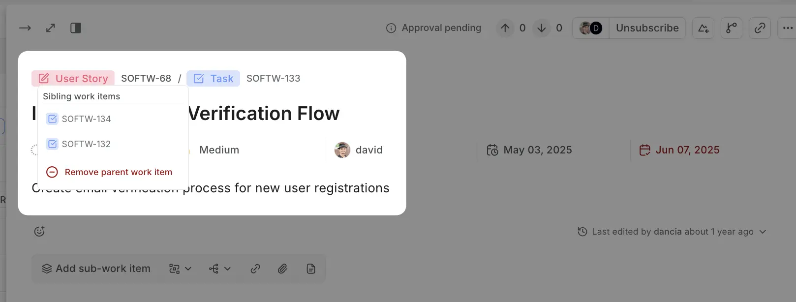 Parent and child work items