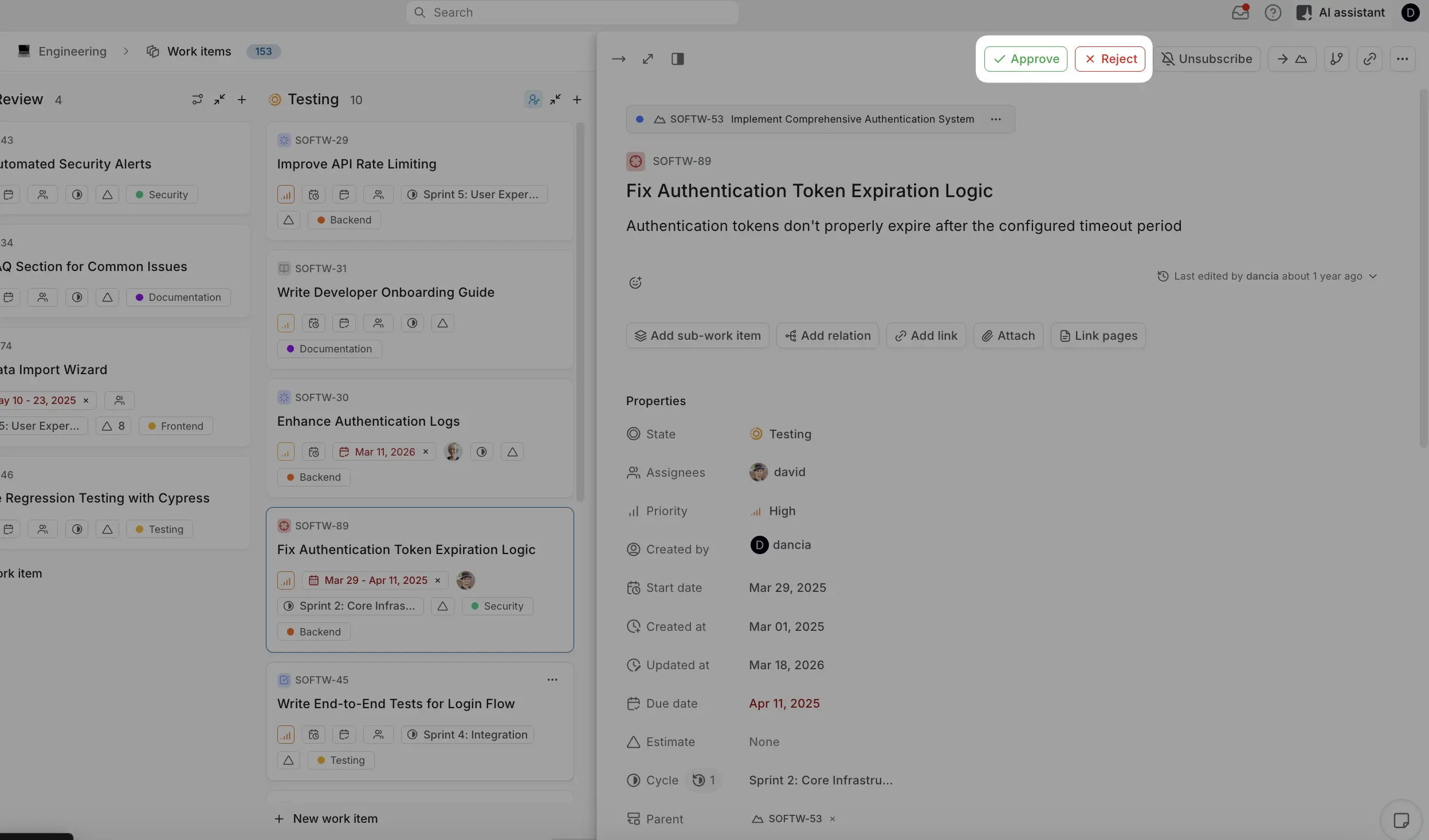 Approve and reject buttons on a work item