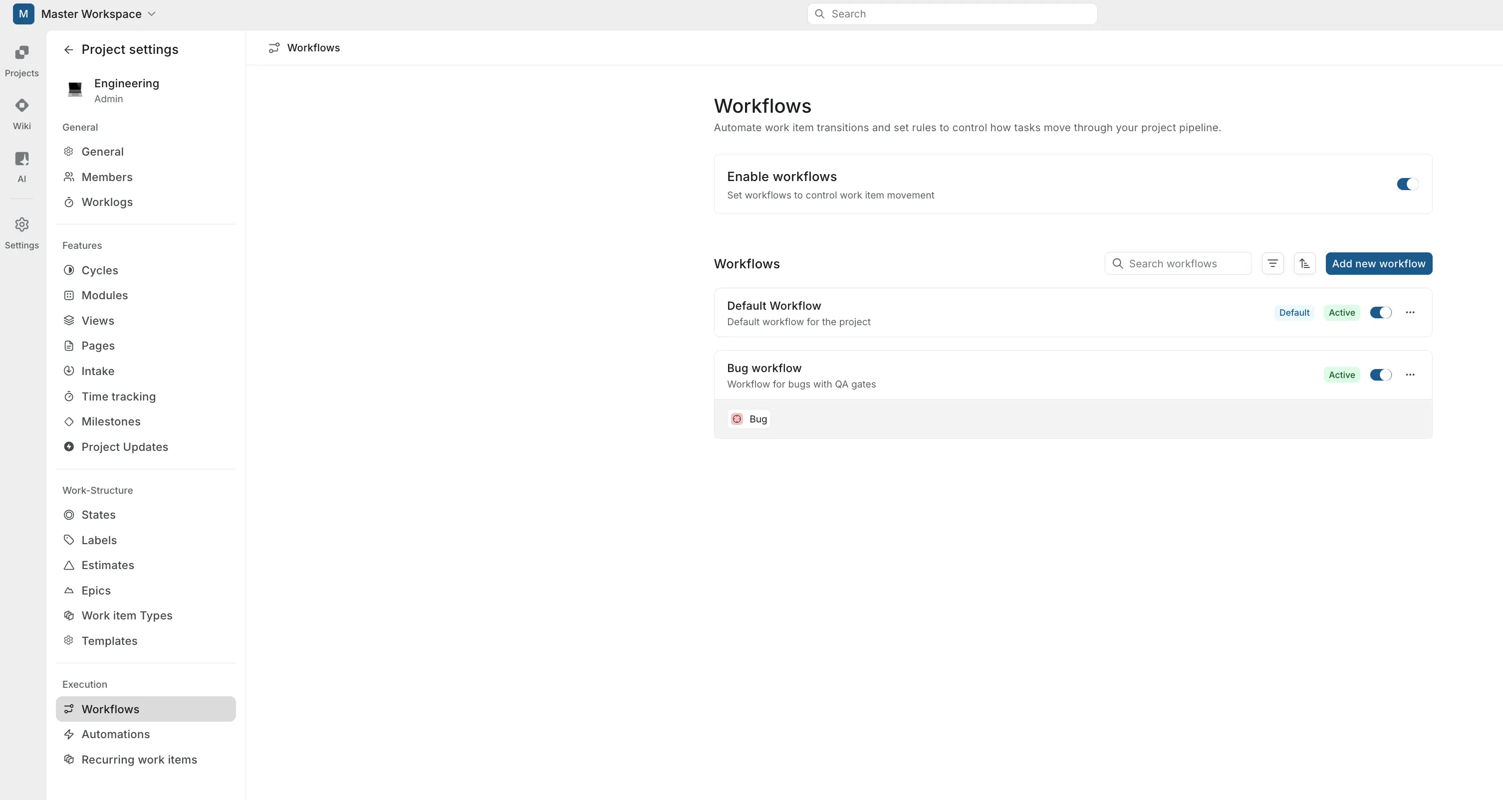 Workflows settings page