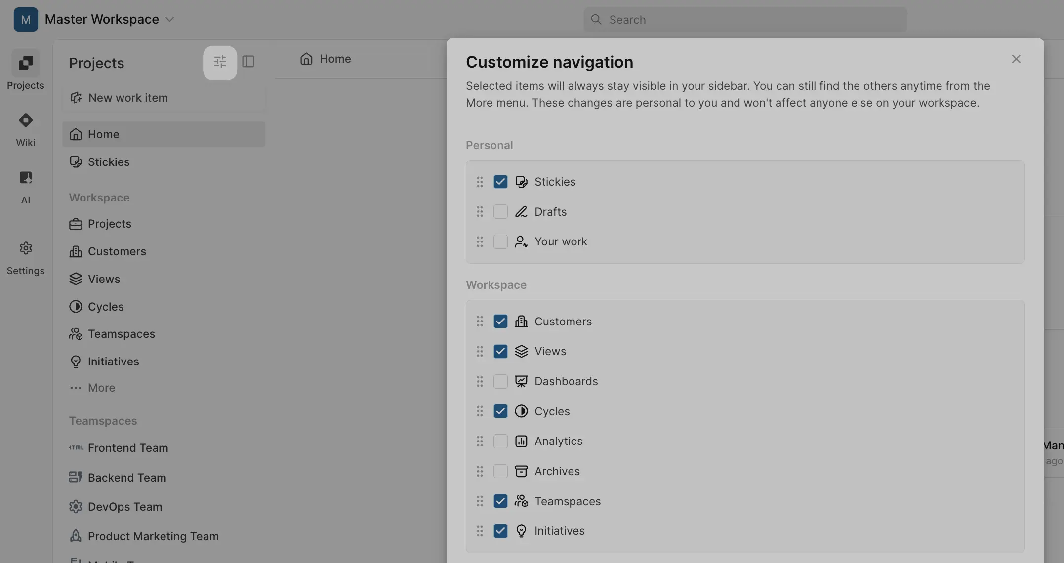 Customize personal and workspace items