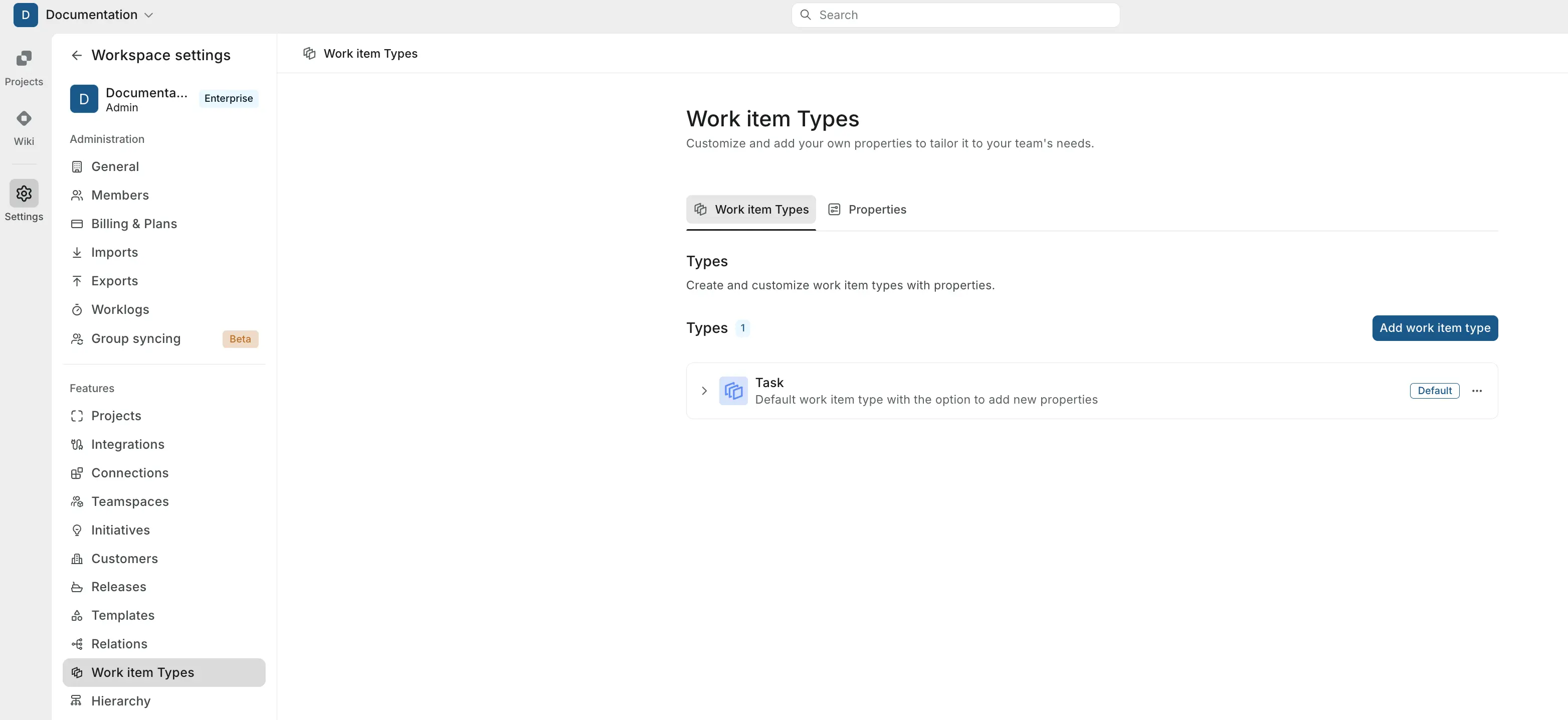 Work item types page