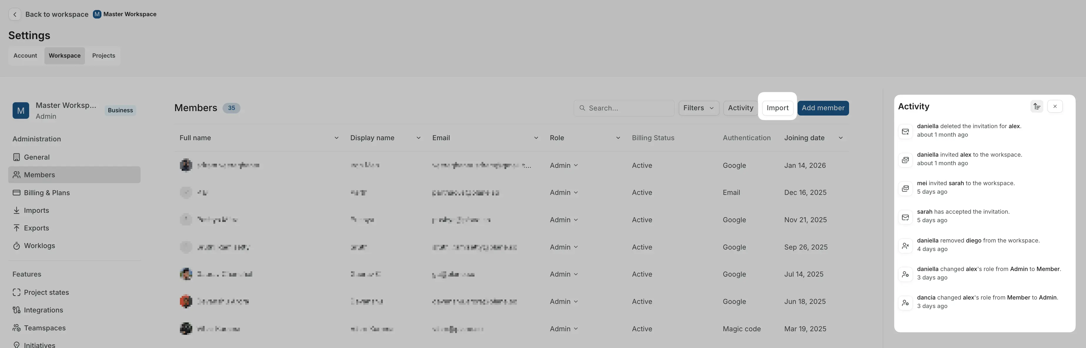 Workspace member activity